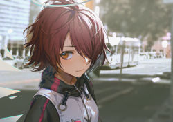 Rule 34 | 1girl, a4-kalajiao, arknights, car, closed mouth, day, exusiai (arknights), hair over one eye, halo, highres, jacket, looking at viewer, motor vehicle, orange eyes, outdoors, photo background, red hair, short hair, smile, solo, streetcar, upper body, white jacket