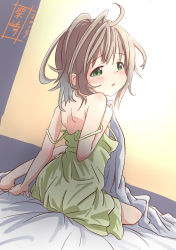 Rule 34 | 1girl, bare shoulders, bed sheet, blanket, chemise, child, commentary request, dress, from behind, green dress, green eyes, grey hair, hair ornament, highres, kohshibasaki, looking back, messy hair, on bed, short hair, shoulder blades, sitting, solo, strap slip, yama no susume, yukimura aoi