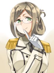 Rule 34 | 1girl, arm at side, bad id, bad pixiv id, black necktie, blush, breasts, brown hair, buttons, double-breasted, epaulettes, finger to mouth, folded ponytail, glasses, gloves, gradient background, green eyes, hair between eyes, head tilt, highres, jacket, kantai collection, katori (kancolle), large breasts, long hair, looking at viewer, military, military uniform, necktie, parted bangs, patsuya, shirt, sidelocks, simple background, smile, solo, uniform, white gloves