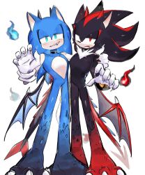 Rule 34 | black fur, blue eyes, blue fire, blue fur, claws, dragon boy, dragon claw, dragon horns, dragon tail, dragon wings, fire, gloves, hedgehog, hedgehog ears, highres, horns, quill, red fire, red fur, red hair, shadow the hedgehog, sonic (series), sonic the hedgehog, spiked hair, tail, usa37107692, wings