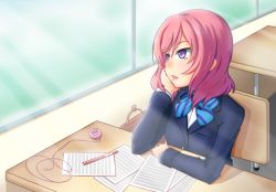 Rule 34 | 10s, 1girl, bad id, bad pixiv id, blazer, blue bow, blue bowtie, blush, bow, bowtie, chair, classroom, desk, digital media player, earbuds, earphones, head rest, headphones, highres, indoors, jacket, long sleeves, looking outside, love live!, love live! school idol project, mechanical pencil, nishikino maki, nuenya, parted lips, pencil, purple eyes, red hair, school, school chair, school desk, school uniform, sheet music, solo, striped bow, striped bowtie, striped clothes, striped neckwear, sunlight, window