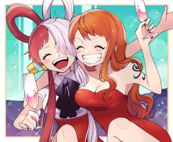 Rule 34 | 2girls, arm around shoulder, bare shoulders, black bow, black bowtie, blush, bow, bowtie, breasts, cleavage, closed eyes, collarbone, collared shirt, cup, dress, drinking glass, grin, hair over one eye, hair rings, hand up, headphones, heads together, highres, holding, holding cup, large breasts, light particles, long hair, multicolored hair, multiple girls, nail polish, nami (one piece), one piece, one piece film: red, open mouth, orange hair, outstretched arm, red dress, red hair, red nails, red skirt, shin yama3, shirt, short sleeves, shoulder tattoo, single sidelock, sitting, skirt, smile, sparkle, strapless, strapless dress, tattoo, teeth, two-tone hair, upper body, uta (one piece), wavy hair, white hair, white shirt