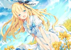 Rule 34 | 1girl, :d, black ribbon, blonde hair, blue bow, blue eyes, blue ribbon, blue sky, blush, bow, cloud, cloudy sky, colored eyelashes, commentary request, day, dress, dutch angle, field, flower, flower field, half-closed eyes, hat, hat ribbon, highres, juliet persia, kishuku gakkou no juliet, long hair, looking at viewer, open mouth, outdoors, petals, puffy short sleeves, puffy sleeves, ribbon, sailor collar, sailor dress, short sleeves, sky, smile, solo, sun hat, unacchi (nyusankin), very long hair, white dress, white hat, white sailor collar, yellow flower