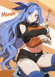 Rule 34 | 1girl, :o, black shorts, blue eyes, blue footwear, blue hair, blue thighhighs, borrowed character, bow, breast lift, breasts, candy, character name, clothing cutout, cropped hoodie, exposed pocket, eyes visible through hair, food, forehead, hair bow, hairband, highres, hood, hoodie, jun (navigavi), kneeling, large breasts, lollipop, long hair, long sleeves, looking at viewer, midriff, bae minah (chaesu), navel, original, parted bangs, product placement, shoes, short shorts, shorts, shoulder cutout, simple background, sleeves past wrists, sneakers, solo, striped, striped background, taut clothes, thighhighs, thighs, very long hair
