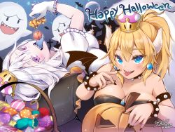 Rule 34 | 2girls, bare shoulders, bat (animal), black nails, blonde hair, blue eyes, blue tongue, blush, bowsette, breasts, candy, cleavage, collarbone, colored tongue, commentary request, earrings, food, ghost, gloves, hair between eyes, happy halloween, heart, horns, ika (4801055), jewelry, large breasts, long hair, looking at viewer, luigi&#039;s mansion, mario (series), multiple girls, nail polish, nintendo, pantyhose, princess king boo, purple eyes, sharp teeth, short sleeves, smile, super crown, teeth, tongue, tongue out, white gloves, white hair, wings