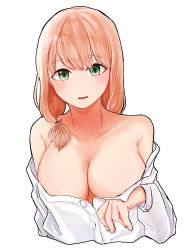 Rule 34 | 1girl, absurdres, artist request, bang dream!, bare shoulders, blush, breasts, cleavage, collarbone, green eyes, highres, large breasts, looking at viewer, low twintails, medium hair, no bra, parted lips, pink hair, shirt, simple background, solo, twintails, uehara himari, unbuttoned, unbuttoned shirt, upper body, white background, white shirt