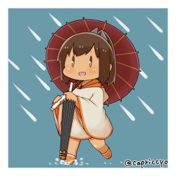 Rule 34 | 10s, 1girl, boots, brown eyes, brown hair, capriccyo, chibi, closed umbrella, i-401 (kancolle), kantai collection, oil-paper umbrella, poncho, ponytail, puddle, rain, running, sailor collar, short ponytail, solo, splashing, swimsuit, swimsuit under clothes, tan, twitter username, umbrella, water