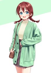 Rule 34 | 1girl, :d, argyle, argyle clothes, argyle skirt, bag, blue eyes, blush, braid, cardigan, deadnooodles, emma verde, green background, green cardigan, grey skirt, highres, holding strap, long hair, long sleeves, looking at viewer, love live!, love live! nijigasaki high school idol club, love live! school idol festival all stars, open mouth, red hair, shirt, shoulder bag, skirt, smile, solo, twin braids, two-tone background, white background, yellow shirt
