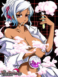 Rule 34 | 1girl, baroque night eclipse, breasts, cleavage, huge breasts, lab coat, lowres, navel, red eyes, scientist, short hair, solo, test tube, white hair