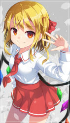 Rule 34 | 1girl, blonde hair, bow, breasts, closed mouth, collared shirt, commentary request, crystal, dress shirt, fang, fang out, flandre scarlet, hair bow, hand up, highres, long hair, long sleeves, looking at viewer, necktie, one side up, pleated skirt, red bow, red necktie, red skirt, shirt, skirt, small breasts, smile, solo, touhou, uumaru, v, white shirt, wings
