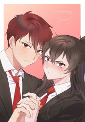 Rule 34 | 1boy, 1girl, absurdres, black jacket, blush, brown hair, closed mouth, collared shirt, frown, highres, holding hands, jacket, jajeon liu, library of ruina, long hair, long sleeves, looking at viewer, lowell (project moon), necktie, project moon, red eyes, red hair, red necktie, shirt, sweat, upper body, very long hair, white shirt, wing collar, xiao (project moon)