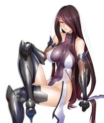 Rule 34 | 00s, 1girl, :d, arm support, arm up, armor, armpits, ass, bare shoulders, black footwear, boots, breasts, breasts out, brown hair, choker, collarbone, covered collarbone, covered navel, crossed legs, detached sleeves, elbow gloves, female focus, fishnets, from side, fuuma saika, gem, gloves, greaves, hair over one eye, halterneck, hand on leg, high heel boots, high heels, highleg, highleg leotard, highres, hip focus, impossible clothes, impossible leotard, large breasts, legs, leotard, lilith-soft, linea alba, lipstick, long hair, looking at viewer, makeup, midriff, mole, mole under mouth, navel, nipples, no bra, official art, open mouth, orange eyes, parted lips, pink lips, puffy nipples, red eyes, shiny clothes, shiny skin, sidelocks, sitting, skin tight, smile, solo, straight hair, taimanin (series), taimanin asagi, taimanin asagi kessen arena, thigh boots, thighhighs, tight clothes, turtleneck, vambraces, very long hair, white background, wings, zol
