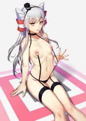 Rule 34 | 10s, 1girl, absurdres, amatsukaze (kancolle), black panties, breasts, brown eyes, choker, collarbone, garter straps, hair tubes, highres, kantai collection, long hair, long legs, looking at viewer, musee, navel, nipple piercing, nipple rings, nipples, panties, parted lips, piercing, revealing clothes, silver hair, sitting, small breasts, solo, striped clothes, striped thighhighs, thigh strap, thighhighs, topless, two side up, underwear, yellow eyes