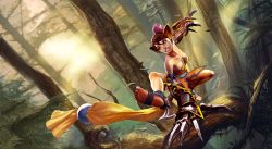 Rule 34 | 1girl, animal ears, barefoot, cat ears, claw (weapon), claws, feet, flower, forest, gauntlets, jumping, koshka (vainglory), lotus, nature, official art, short hair, soles, solo, toeless legwear, toes, tree, vainglory, weapon
