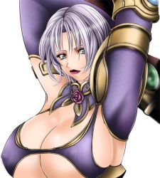 Rule 34 | 1041 (toshikazu), 1girl, armor, armpits, arms up, breasts, cleavage, covered erect nipples, female focus, huge breasts, isabella valentine, jpeg artifacts, lips, namco, nipples, purple hair, short hair, sideboob, simple background, solo, soul calibur, soulcalibur, soulcalibur iv, underboob, weapon, white background