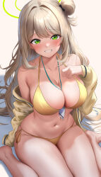 Rule 34 | 1girl, absurdres, arm behind back, between breasts, bikini, blonde hair, blue archive, blush, breasts, cleavage, collarbone, green eyes, green halo, grin, halo, hand up, highres, hirahiragi (h1rqg1), jacket, lanyard, large breasts, long hair, looking at viewer, navel, nonomi (blue archive), nonomi (swimsuit) (blue archive), off shoulder, official alternate costume, one side up, sitting, smile, solo, stomach, swimsuit, thighs, very long hair, wariza, yellow bikini, yellow jacket