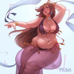 Rule 34 | 1girl, belly, belly dancer, breasts, brown hair, choker, cleavage, earrings, harem outfit, harem pants, highres, jewelry, large breasts, long hair, muffin top, pants, plump, solo, thick thighs, thighs, wide hips