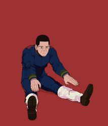 Rule 34 | 1boy, black eyes, black hair, blue jacket, blue pants, boots, brown footwear, buttons, buzz cut, closed mouth, collared jacket, expressionless, facial hair, full body, gaiters, galeblack, golden kamuy, highres, imperial japanese army, jacket, long sleeves, looking down, male focus, military, military uniform, pants, red background, short hair, simple background, sitting, solo, stubble, tsukishima hajime, uniform, very short hair