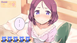 Rule 34 | ..., 10s, 1girl, :&lt;, bed, blush, fake screenshot, food, food on face, looking at viewer, new game!, pillow, purple hair, red eyes, rice, rice on face, short hair, sitting, solo, spoken ellipsis, star (symbol), sweat, tam-u, tears, tooyama rin, trembling