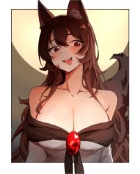Rule 34 | 1girl, animal ear fluff, animal ears, breasts, brooch, brown eyes, brown hair, cleavage, dress, full moon, highres, imaizumi kagerou, jewelry, large breasts, long hair, long sleeves, moon, off-shoulder dress, off shoulder, saple, solo, tail, teeth, tongue, tongue out, touhou, upper body, upper teeth only, very long hair, white dress, wolf ears, wolf tail