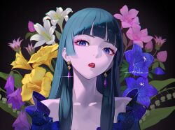Rule 34 | 1girl, absurdres, bare shoulders, black background, blue eyes, blue flower, blunt bangs, blunt ends, close-up, commentary, drid, earrings, eyelashes, eyeshadow, flower, glint, green hair, head tilt, highres, jewelry, kusuriya no hitorigoto, licking lips, lily (flower), lips, lipstick, long hair, looking at viewer, makeup, maomao (kusuriya no hitorigoto), nose, pink flower, sidelocks, signature, simple background, solo, straight hair, tongue, tongue out, white flower, yellow flower