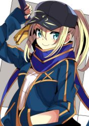 Rule 34 | 1girl, absurdres, ahoge, aqua eyes, artoria pendragon (fate), bad id, bad pixiv id, black hat, blonde hair, blue scarf, blush, closed mouth, commentary request, fate/grand order, fate (series), hair between eyes, hair through headwear, hand in pocket, hat, highres, looking at viewer, mysterious heroine x (fate), ponytail, scarf, short hair, sinakyo, smile, solo