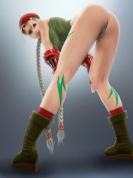 Rule 34 | 1girl, 3d, ass, beret, blonde hair, blue eyes, boots, braid, cammy white, capcom, fingerless gloves, gloves, hat, incise soul, leotard, m-rs, solo, street fighter, twin braids