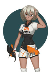Rule 34 | 1girl, bea (pokemon), black bodysuit, black hairband, blonde hair, bodysuit, bodysuit under clothes, bow hairband, breasts, collared shirt, commentary, covered abs, creatures (company), dynamax band, eyelashes, game freak, gloves, grey eyes, hair between eyes, hairband, hand up, highres, holding hairband, knee pads, nintendo, parted lips, partially fingerless gloves, pokemon, pokemon swsh, print shirt, print shorts, shirt, short hair, short sleeves, shorts, side slit, side slit shorts, single glove, solo, unworn hairband, yaso-art