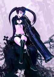 Rule 34 | 10s, 1girl, absurdres, belt, bikini, bikini top only, black hair, black rock shooter, black rock shooter (character), blue eyes, boots, chain, coat, gun, highres, huge weapon, knee boots, crossed legs, long hair, naoki (naoieo), scar, shorts, solo, standing, swimsuit, twintails, weapon