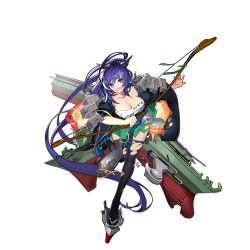 Rule 34 | 1girl, armor, black kimono, black pantyhose, black thighhighs, blue hair, blush, bow, bow (weapon), breasts, broken, cannon, cleavage, collarbone, damaged, explosion, fang, flight deck, full body, green skirt, hair ornament, holding, holding bow (weapon), holding weapon, japanese clothes, kimono, large breasts, long hair, long sleeves, looking at viewer, machinery, miyazakisoul, obi, official art, open mouth, pantyhose, pleated skirt, ponytail, purple eyes, sash, shinano (aircraft carrier), shinano (warship girls r), skirt, standing, standing on one leg, tears, thighhighs, torn clothes, torn legwear, transparent background, turret, very long hair, wardrobe malfunction, warship girls r, weapon, wide sleeves, zettai ryouiki
