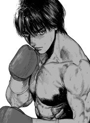 Rule 34 | 1boy, boxing gloves, character request, closed mouth, collarbone, fighting stance, greyscale, hajime no ippo, hatching (texture), highres, kimidake, looking at viewer, male focus, monochrome, muscular, muscular male, serious, simple background, solo, sweat, topless male, upper body, veins, white background