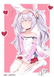 Rule 34 | 1girl, :o, animal ears, azur lane, camisole, character name, closed eyes, collarbone, commentary, cropped arms, english commentary, facing viewer, hair ornament, hairband, headpat, heart, highres, jacket, laffey (azur lane), long hair, long sleeves, no shoes, off shoulder, open clothes, open jacket, out of frame, outline, parted lips, pink jacket, pleated skirt, rabbit ears, red hairband, red skirt, seiza, silver hair, sitting, skirt, sleeves past wrists, solo focus, strap slip, syyn (syyndev), thighhighs, twintails, very long hair, white camisole, white outline, white thighhighs