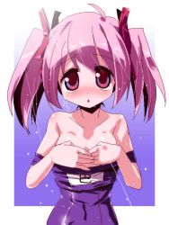Rule 34 | 10s, 1girl, clothes pull, covering privates, covering breasts, kaname madoka, mahou shoujo madoka magica, mahou shoujo madoka magica (anime), miuku (marine sapphire), one-piece swimsuit, one-piece swimsuit pull, pink eyes, pink hair, school swimsuit, short hair, short twintails, solo, swimsuit, twintails
