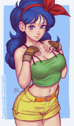 Rule 34 | 1girl, belt, blue background, blue eyes, blue hair, blush, bow, breasts, brown gloves, cleavage, closed mouth, commentary, cowboy shot, crop top, dated, deviantart username, dragon ball, fingerless gloves, gloves, hair bow, hairband, hands on own chest, highres, large breasts, long hair, looking at viewer, lunch (dragon ball), lunch (good) (dragon ball), midriff, patreon username, red bow, sciamano240, shorts, signature, simple background, smile, solo, spaghetti strap, standing, yellow shorts