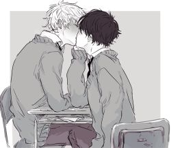 Rule 34 | 2boys, blush, chair, clothes, collared shirt, desk, earrings, height difference, jewelry, kiss, male focus, monochrome, multiple boys, necktie, original, piercing, school, school uniform, shirt, tagme, yaoi