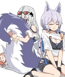 Rule 34 | 2girls, animal ears, arknights, bikini, black bikini, black footwear, black shorts, braid, breasts, cleavage, closed eyes, closed mouth, commentary, commentary request, crab, eyewear on head, hair between eyes, hair ornament, hip vent, hug, hugging another&#039;s tail, kumamoto aichi, long hair, medium breasts, multiple girls, official alternate costume, provence (arknights), provence (casual vacation) (arknights), red eyes, sandals, shirt, short sleeves, shorts, silver hair, skadi (arknights), skadi (waverider) (arknights), sunglasses on head, sweat, swimsuit, tail, hugging tail, whale hair ornament, white headwear, white shirt