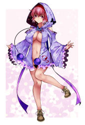 Rule 34 | 1girl, adapted costume, aoshima, bottomless, breasts, bug, butterfly, cleavage, cloak, convenient censoring, detached sleeves, dress, female focus, floral print, groin, highres, hood, hooded cloak, bug, large breasts, lips, long sleeves, looking at viewer, naked cloak, navel, no bra, no panties, open clothes, open dress, pink eyes, pink hair, revealing clothes, saigyouji yuyuko, short dress, smile, solo, standing, standing on one leg, touhou, wide sleeves