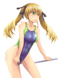 Rule 34 | 10s, 1girl, blonde hair, clothes pull, competition swimsuit, dog days, green eyes, highleg, highleg swimsuit, highres, long hair, one-piece swimsuit, one-piece swimsuit pull, pocari66, rebecca anderson, swimsuit, twintails
