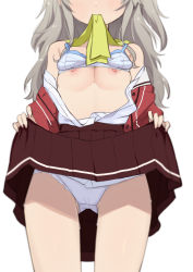 Rule 34 | 1girl, bra, bra lift, breasts, charlotte (anime), clothes lift, crotch seam, female focus, gluteal fold, grey hair, head out of frame, highres, hoshinoumi academy school uniform, lifted by self, long hair, morisobo, mouth hold, nipples, open clothes, panties, ribbon, school uniform, serafuku, simple background, skirt, skirt lift, small breasts, solo, standing, tomori nao, underwear, white background, white panties