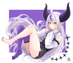 Rule 34 | 1girl, akira miku ver, barefoot, blush, feet, highres, hololive, horns, la+ darknesss, la+ darknesss (1st costume), multicolored hair, nail polish, outside border, pointy ears, purple nails, purple thighhighs, simple background, single bare leg, single barefoot, single thighhigh, solo, thighhighs, toenails, toes, virtual youtuber, white hair, yellow eyes