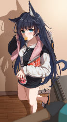 Rule 34 | 1girl, :3, animal ears, animal hood, arknights, artist name, bare legs, beer can, black footwear, black gloves, black hair, blaze (arknights), blue eyes, blush, can, cat ears, cat girl, cat hood, cat tail, chips (food), collarbone, commentary request, drawstring, drink can, food, from above, from side, gloves, highres, holding, holding can, hood, hood down, indoors, long hair, long hoodie, long sleeves, looking at viewer, looking to the side, looking up, motion lines, mouth hold, official alternate costume, pajamas, pov, shironekoban, signature, slippers, solo focus, sweatdrop, tail, towel, towel around neck, very long hair, walking, wooden floor