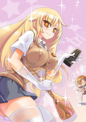 Rule 34 | + +, 2girls, bag, blonde hair, breast envy, breasts, chain, chain between breasts, clenched teeth, controller, covered erect nipples, elbow gloves, electricity, electrokinesis, gloves, handbag, highres, hm (hmongt), large breasts, long hair, looking at viewer, misaka mikoto, multiple girls, pink background, pleated skirt, remote control, school uniform, shokuhou misaki, skindentation, skirt, smile, sparkle, spider web print, star (symbol), sweater vest, symbol-shaped pupils, taut clothes, teeth, thighhighs, toaru kagaku no railgun, toaru majutsu no index, white gloves, white legwear, yellow eyes
