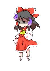 Rule 34 | 1girl, ascot, bare shoulders, black eyes, black footwear, bow, chibi, collar, collared dress, dairi, detached sleeves, dress, full body, ghost, grey eyes, grey hair, hair between eyes, hair ornament, hair tubes, hakurei reimu, hand on own hip, long sleeves, looking to the side, open mouth, red bow, red dress, shaded face, shoes, short hair, simple background, sleeveless, sleeveless dress, smile, smug, socks, solo, standing, tachi-e, touhou, transparent background, white background, white sleeves, white socks, wide sleeves, yellow ascot