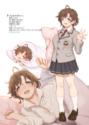 Rule 34 | 1girl, :3, :d, aya shachou, black skirt, blue eyes, blush, breasts, brown footwear, brown hair, bursting breasts, cleavage, cup size, grey jacket, hands up, height, highres, holding, holding pillow, jacket, large breasts, loafers, long sleeves, looking at viewer, lying, medium hair, miniskirt, multiple views, necktie, on side, open mouth, original, pillow, pleated skirt, red neckwear, shindan maker, shirt, shoes, simple background, skirt, smile, socks, translation request, under covers, waving, white background, white shirt