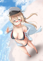 Rule 34 | 1girl, anchor hair ornament, aqua eyes, beach, bespectacled, bikini, blonde hair, blue sky, breasts, cleavage, cloud, commentary request, day, fyuo, glasses, hair ornament, hat, highres, horizon, kantai collection, large breasts, long hair, multicolored bikini, multicolored clothes, ocean, outdoors, peaked cap, perspective, prinz eugen (kancolle), red-framed eyewear, sandals, sky, solo, standing, swimsuit, twintails
