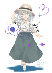 Rule 34 | 1girl, :d, alternate headwear, aqua eyes, arm up, black bow, black choker, bow, brown hat, choker, collarbone, commentary request, floral print, flower bracelet, full body, green pants, hair between eyes, hat, hat bow, head tilt, heart, heart of string, highres, komeiji koishi, looking at viewer, open mouth, pants, shadow, shirt, shoes, short hair, signature, silver hair, simple background, smile, solo, standing, third eye, touhou, toutenkou, white background, white footwear, white shirt