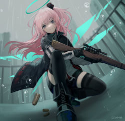 Rule 34 | 1girl, absurdres, ahoge, ambriel (arknights), arknights, asymmetrical hair, black coat, black footwear, black gloves, black shorts, black thighhighs, blurry, boots, closed mouth, coat, commentary, depth of field, detached wings, floating hair, from below, full body, gloves, grey sky, gun, halo, highres, holding, holding gun, holding weapon, infection monitor (arknights), kneeling, long hair, looking at viewer, miike (992058), on one knee, open clothes, open coat, outdoors, pink hair, purple eyes, railing, rain, rifle, shell casing, shirt, short shorts, shorts, side ponytail, sky, solo, thighhighs, twitter username, v-shaped eyebrows, water drop, weapon, white shirt, wings, zettai ryouiki