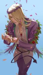 Rule 34 | 1boy, absurdres, alternate hairstyle, blonde hair, fate/grand order, fate (series), formal, green eyes, head wreath, highres, lipstick, long hair, makeup, male focus, official alternate costume, petals, purple suit, samuraisamurai, sketch, solo, suit, unbuttoned, wolfgang amadeus mozart (fate), wolfgang amadeus mozart (traveling outfit) (fate)