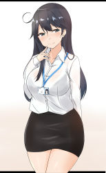 Rule 34 | 1girl, absurdres, alternate costume, arm behind back, black bra, black hair, blush, bra, breasts, dress shirt, grey eyes, highres, id card, kantai collection, large breasts, letterboxed, long hair, looking at viewer, miniskirt, office lady, aged up, saku (kudrove), see-through, shirt, side ahoge, skirt, solo, underwear, ushio (kancolle)