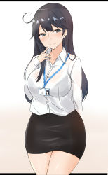 1girl absurdres alternate_costume arm_behind_back black_bra black_hair blush bra breasts dress_shirt grey_eyes highres id_card kantai_collection large_breasts letterboxed long_hair looking_at_viewer miniskirt office_lady aged_up saku_(kudrove) see-through_clothes shirt side_ahoge skirt solo underwear ushio_(kancolle)